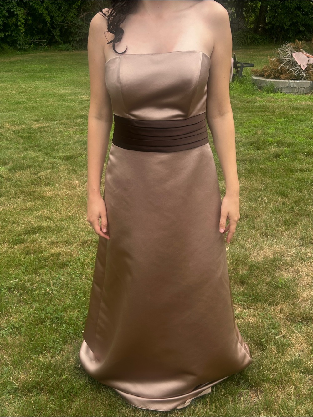 Wtoo Strapless Satin Gown in Taupe with Chocolate Waistband size 6 - formal